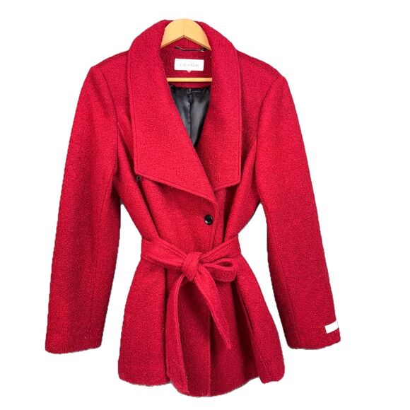 Calvin Klein Red Wool Belted Wrap Coat Women’s 14 Fully Lined Designer Jacket - Picture 1 of 9